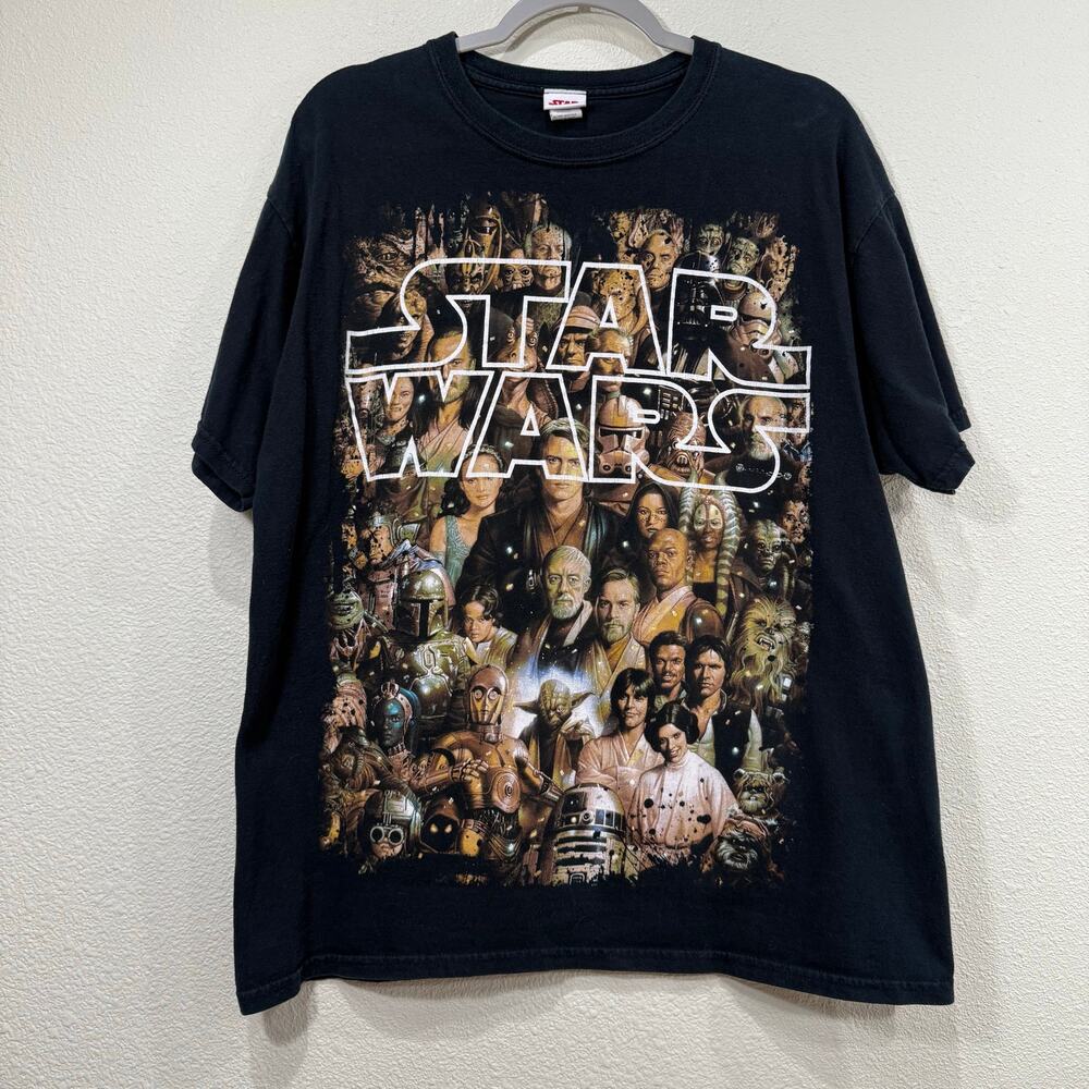 Vintage Star Wars Black Full Cast Short Sleeve T-Shirt White Red Tag LucasFilm L